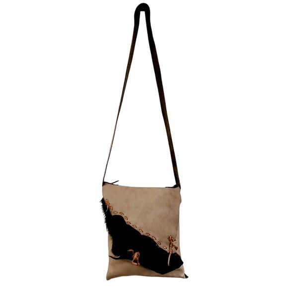 Handmade Tan Leather Hide Fur Stitched Woven Detail Large Crossbody Bag Artisan - Picture 1 of 11